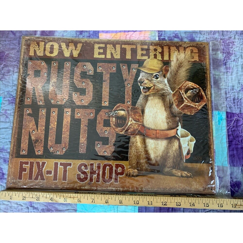 Funny Metal Tin Sign RUSTY NUTS FIX-IT SHOP For Man Cave Shop Home Decor 16x12.5 - Picture 2 of 3